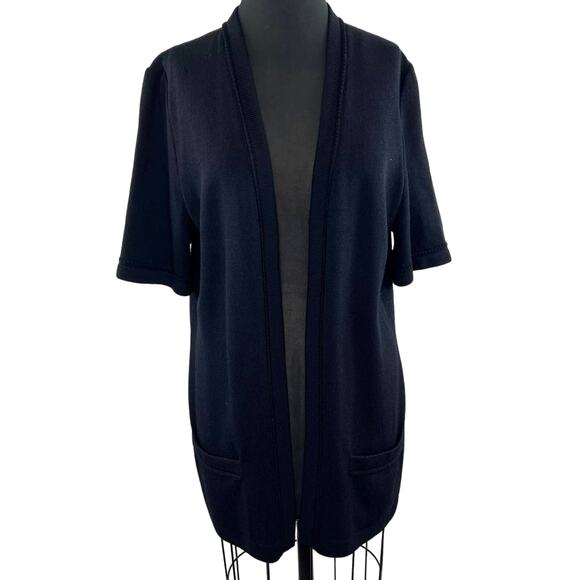St John Basics Black Santana Wool Knit Open Front Duster Cardigan Large L FLAW - Picture 1 of 12